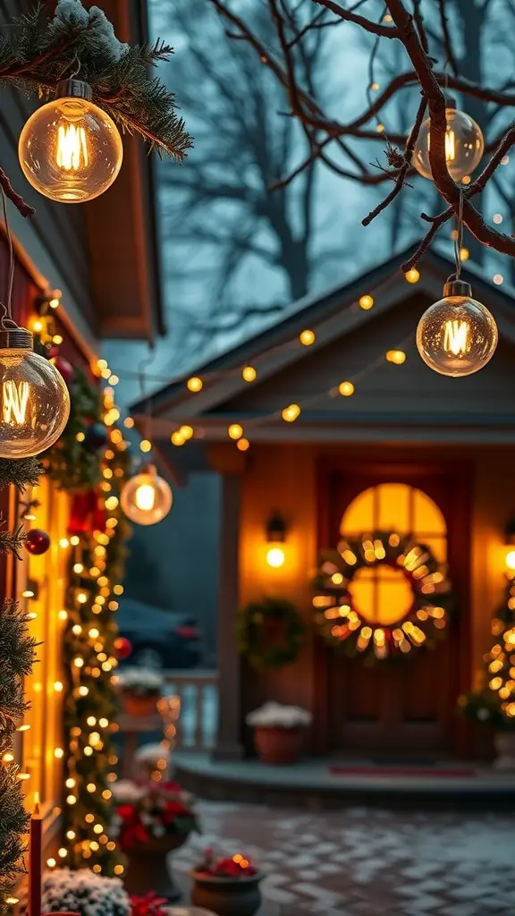 A beautifully decorated house exterior with hanging lights and ornaments