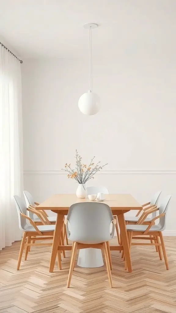 29+ Stunning Dining Room Wallpaper Ideas to Transform Your Space 10 A minimalist Scandinavian dining room featuring a wooden table, light-colored chairs, and natural light.