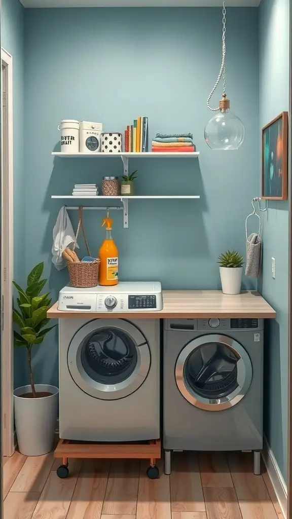 27+ Creative Small Space Solutions for Top Loader Laundry Rooms 3 A small laundry room featuring a top loader washer and dryer, wooden countertop, open shelving with colorful towels and storage, and a small plant.