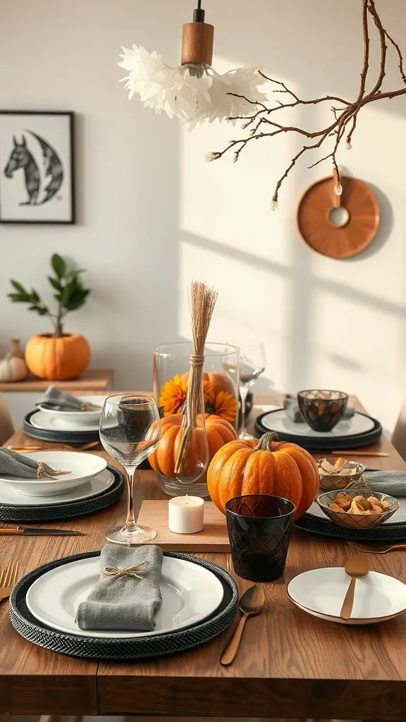Chic and contemporary Thanksgiving dinner table setting with pumpkins, flowers, and elegant tableware.