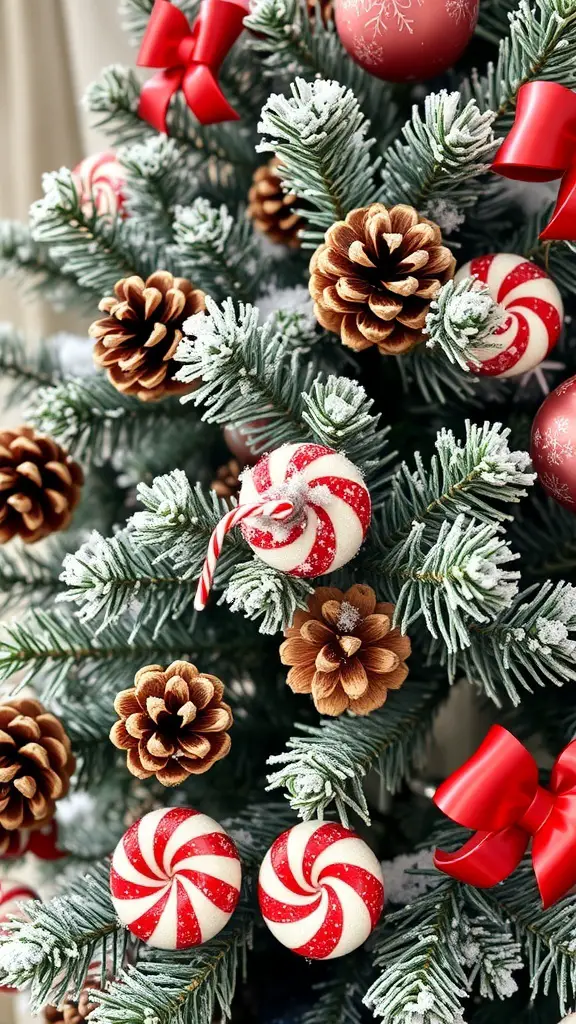 A Christmas tree decorated with peppermint candies, frosted pinecones, and red ribbons.