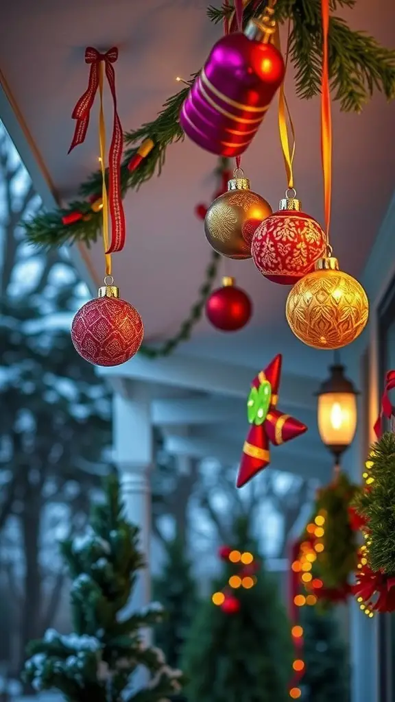 Colorful Christmas ornaments hanging from eaves with greenery and ribbons