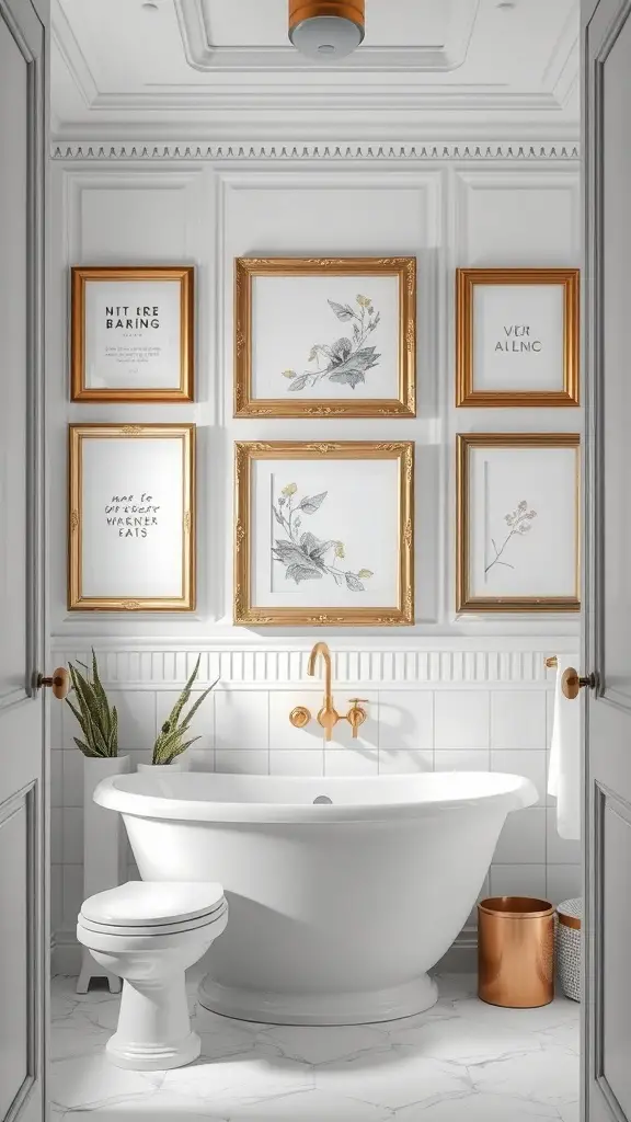 25+ Chic White Bathroom Ideas for a Timeless Look 10 A white bathroom featuring framed artwork with gold frames on the wall, a freestanding tub, and modern fixtures.