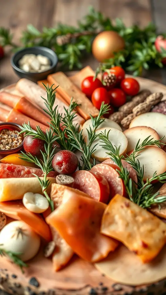 A beautifully arranged Christmas charcuterie board featuring meats, cheeses, and festive garnishes.