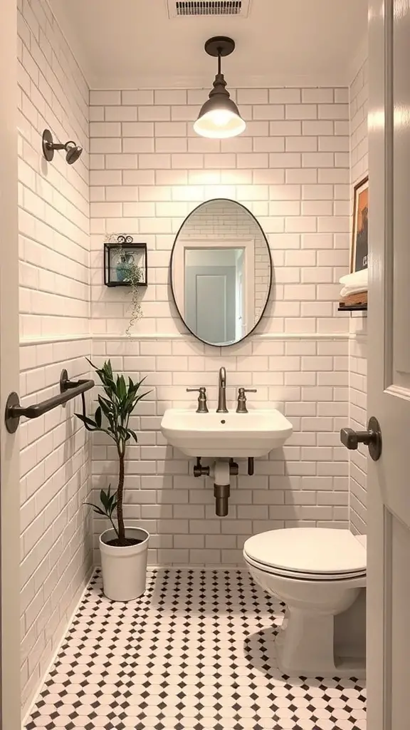 29+ Stunning Guest Bathroom Ideas to Elevate Your Space 6 A stylish guest bathroom featuring white subway tiles, a round mirror, and patterned floor tiles.