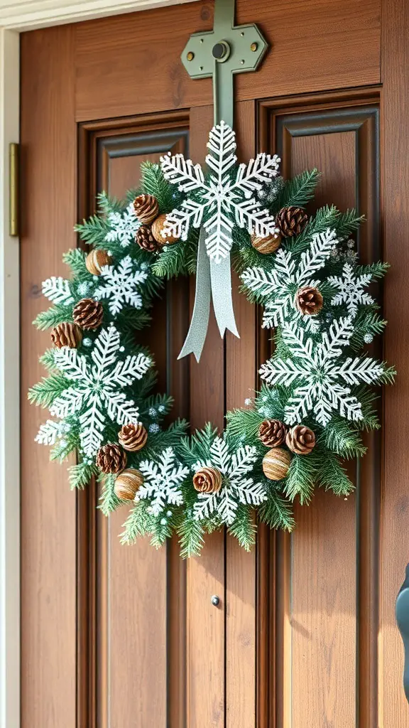 A winter-themed wreath with snowflakes and pinecones on a wooden door.