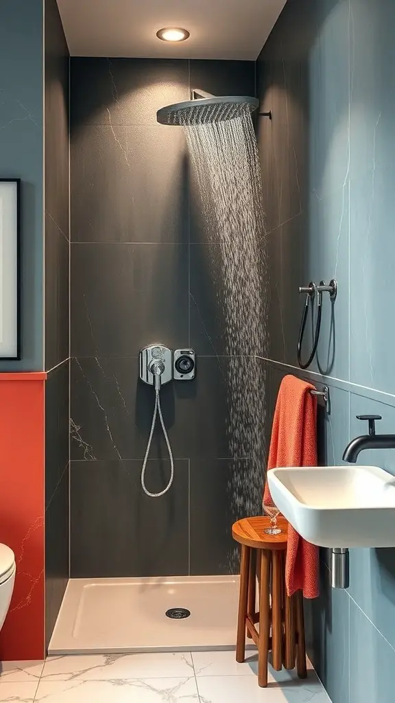 25+ Stunning Pony Wall Shower Ideas for Your Bathroom Remodel 11 A modern shower featuring a bold red accent wall and dark tiles.