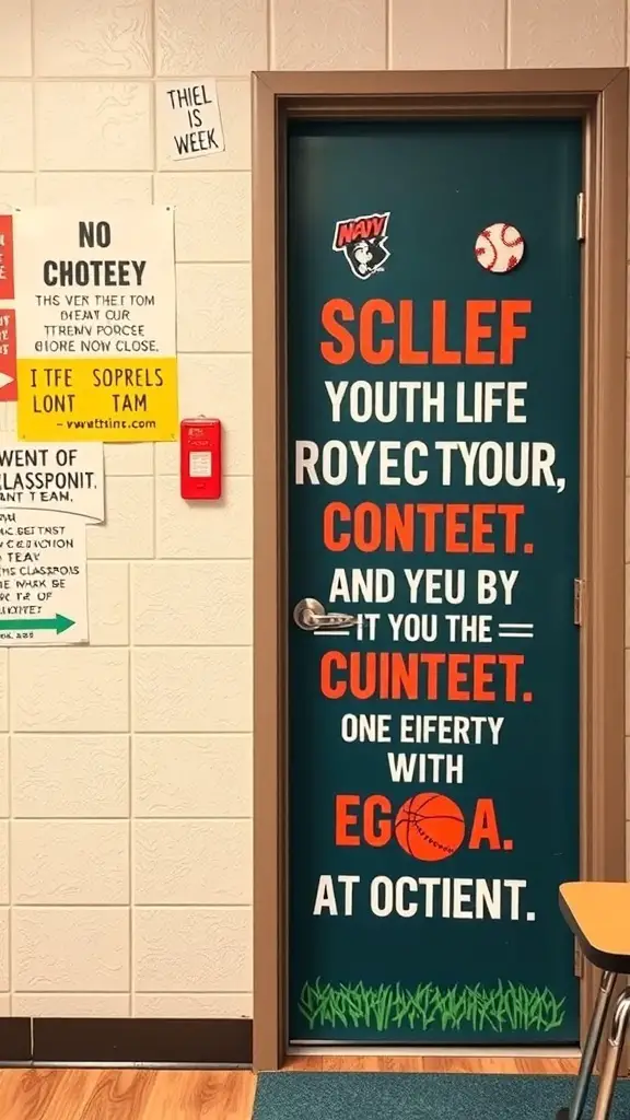 A classroom door decorated with sports themes and motivational text.