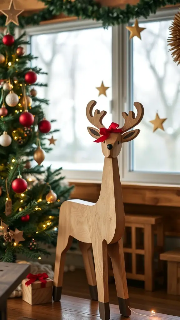 A wooden reindeer decor piece with a red bow next to a Christmas tree