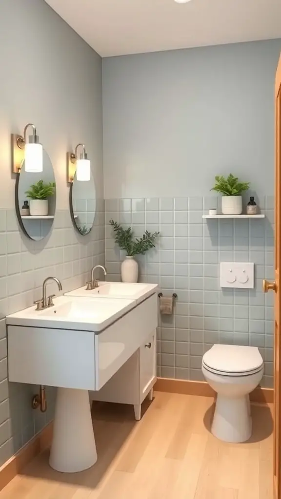 23+ Stylish Bathroom Double Sink Ideas to Enhance Your Space 13 A modern family-friendly bathroom featuring a double sink, round mirrors, and soft blue walls.