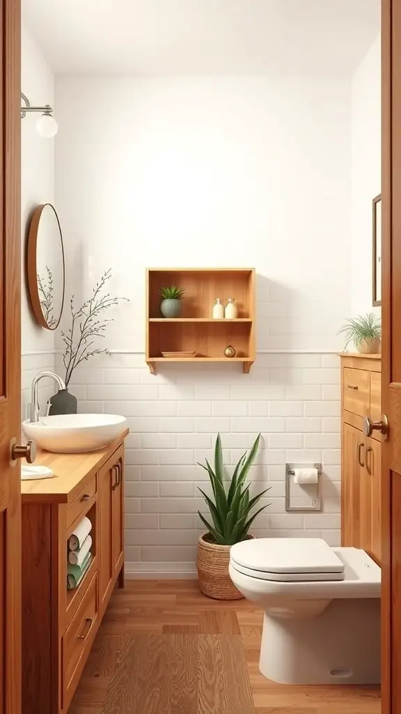 27+ Stunning Mid Century Modern Bathroom Ideas You'll Love 6 A modern bathroom featuring natural wood accents, white tiles, and plants.