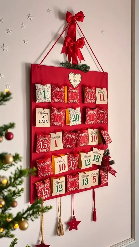 A festive red advent calendar with numbered pockets, decorated for Christmas