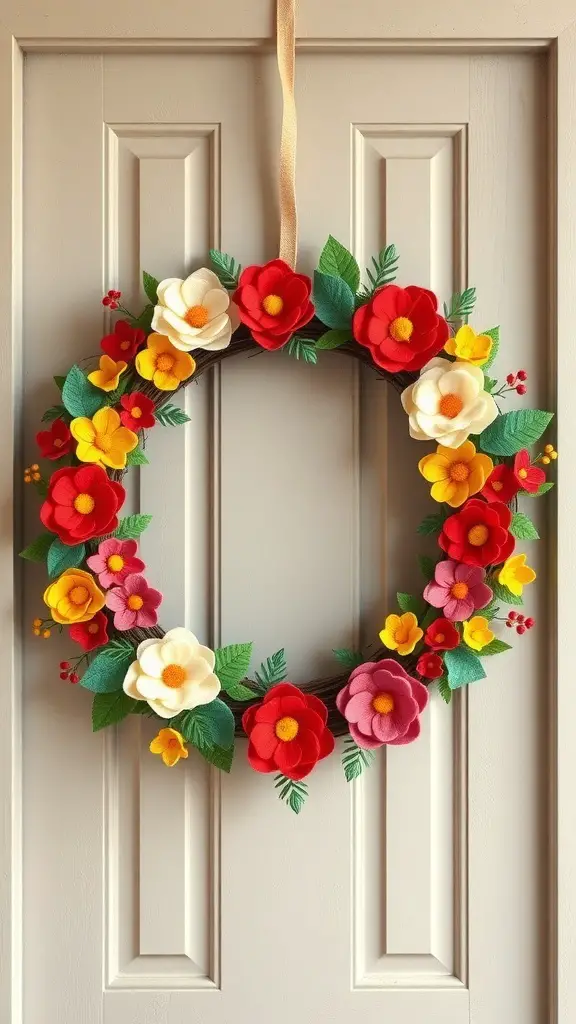 A colorful felt flower wreath with red, yellow, and white flowers, surrounded by green leaves, hanging on a door.