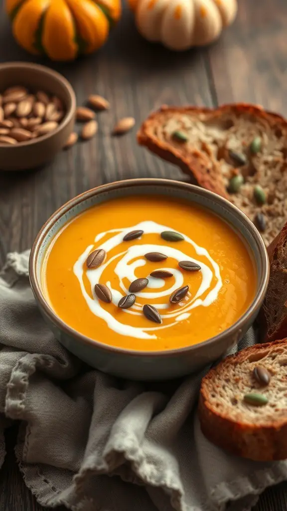 29+ Must-Try Thanksgiving Vegetable Sides for Your Holiday Feast 15 A bowl of butternut squash soup with cream swirl and pumpkin seeds, accompanied by slices of bread.