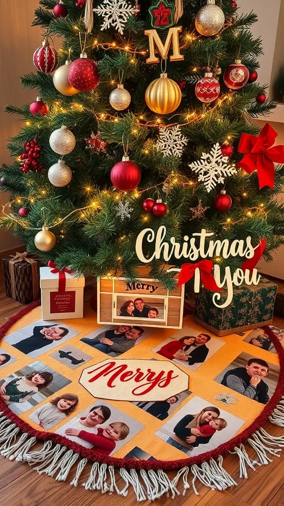 23+ Unique Christmas Tree Skirt Ideas for a Festive Touch 3 A custom photo tree skirt featuring family pictures, with a Christmas tree decorated with ornaments and lights in the background.