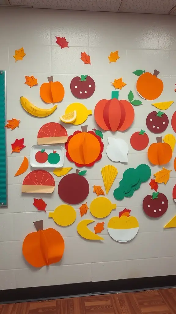 27+ Creative Thanksgiving Crafts for Preschoolers 4 Colorful Thanksgiving feast collage made of paper cutouts including pumpkins, apples, and pie.