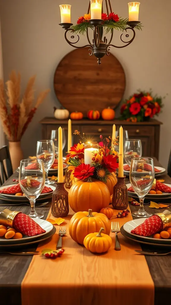 A beautifully set Thanksgiving dinner table with autumn colors, featuring pumpkins, flowers, and candles.