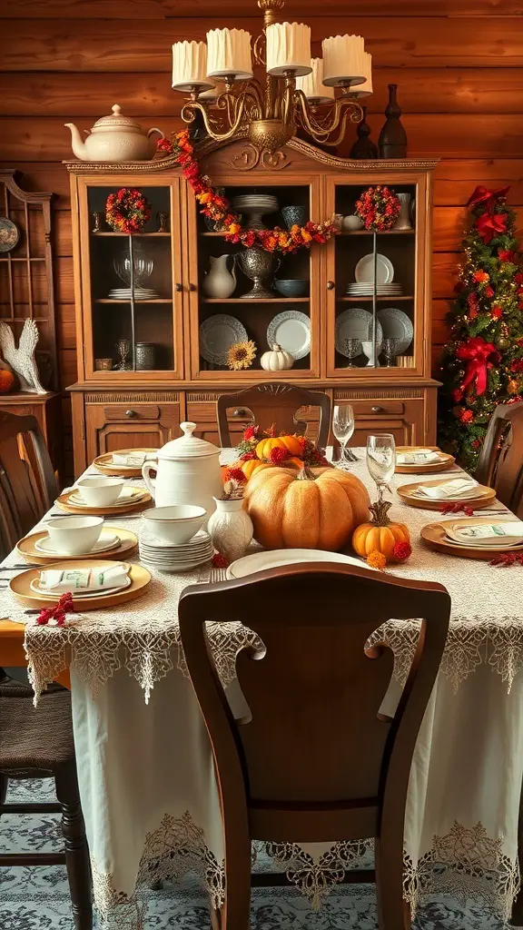 A vintage Thanksgiving dinner table setting with a lace tablecloth, pumpkins, and a cozy atmosphere.