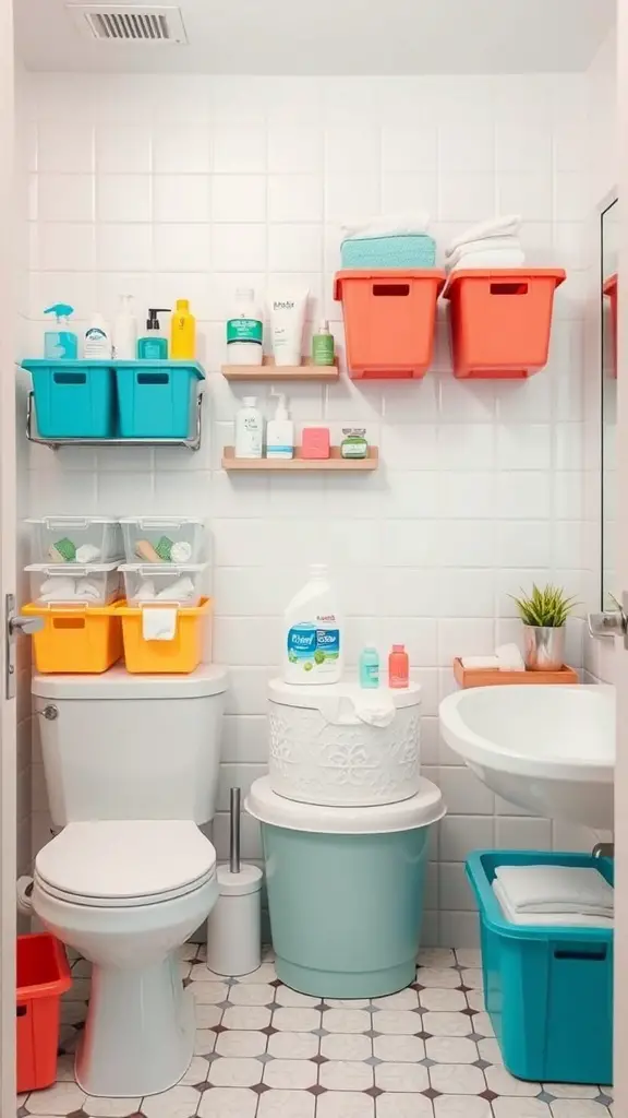 27+ Creative Bathroom Vanity Storage Ideas for an Organized Space 11 Color-coded storage bins in a bathroom for organized storage.