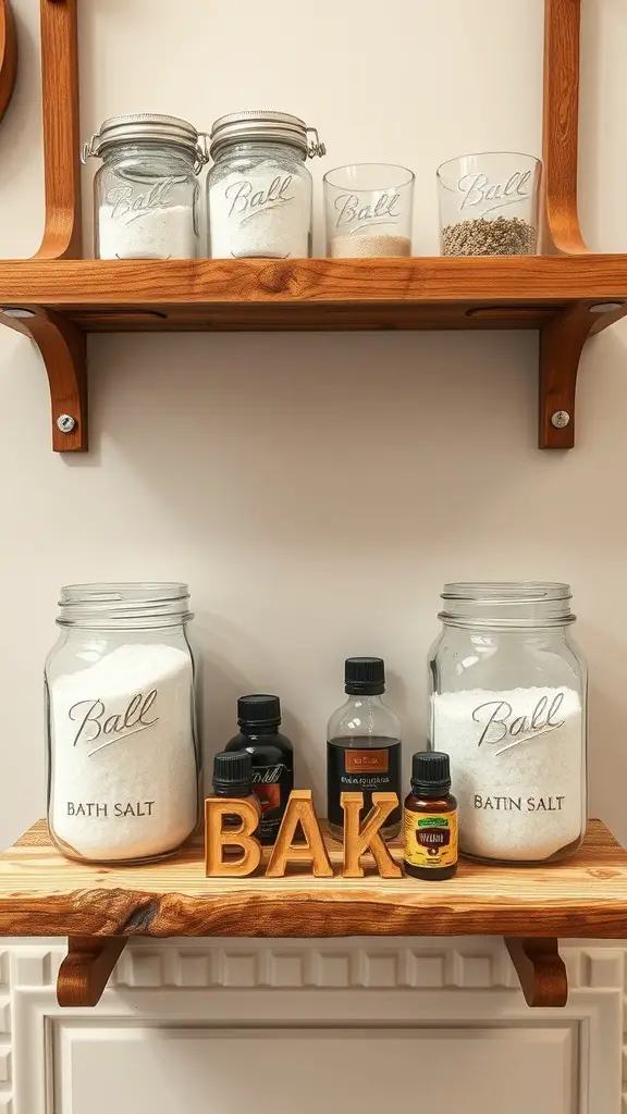 Rustic bathroom shelf with mason jars filled with bath salts and essential oils