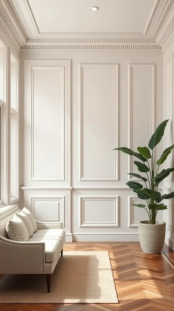 25+ Stylish Wall Trim Ideas to Enhance Your Home Decor 15 A cozy corner with transitional trim styles featuring wall paneling and a comfortable sofa.