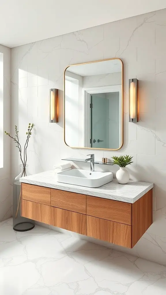 27+ Stunning Floating Vanity Ideas for Your Bathroom Renovation 9 Floating vanity with natural stone countertop and wooden cabinetry in a modern bathroom