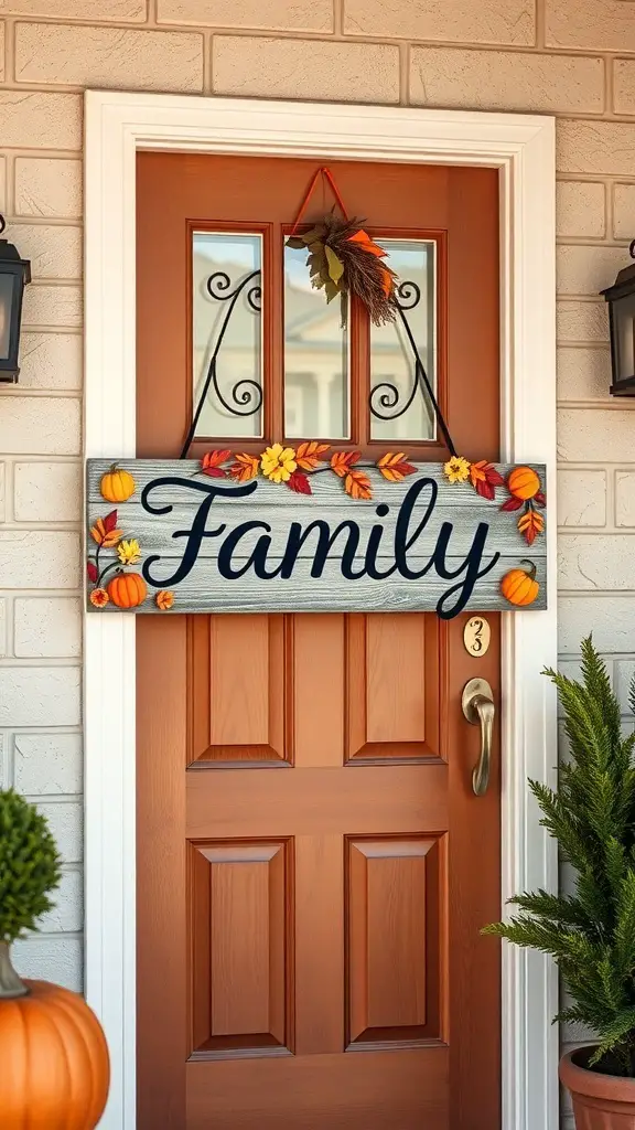 A personalized family name sign hanging on a door, decorated with autumn leaves and pumpkins.