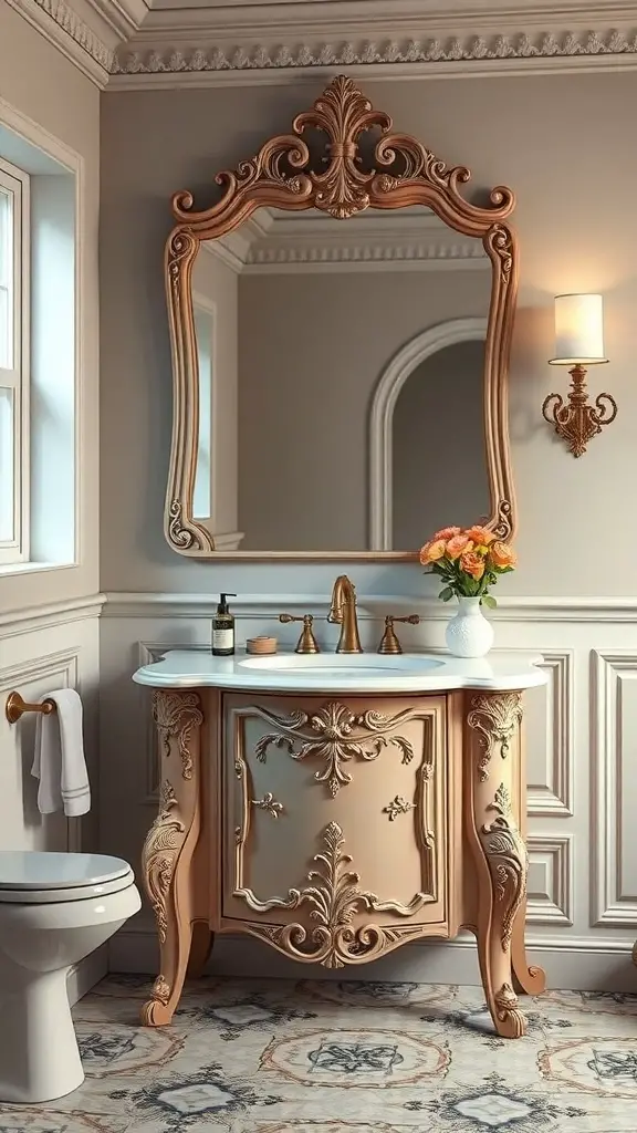 27+ Stunning Floating Vanity Ideas for Your Bathroom Renovation 13 Vintage inspired floating vanity with ornate details and elegant mirror in a bathroom