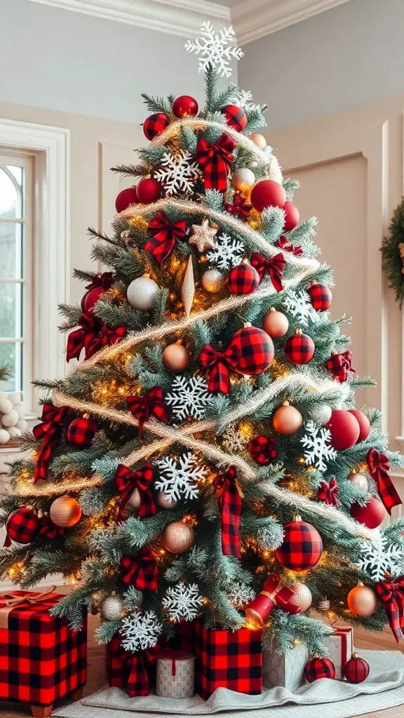 A beautifully decorated Christmas tree featuring buffalo plaid ribbons and white snowflakes.