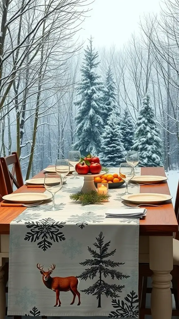 A table set with a snowy woodland scene table runner, featuring a deer and snowflakes, surrounded by a winter landscape.