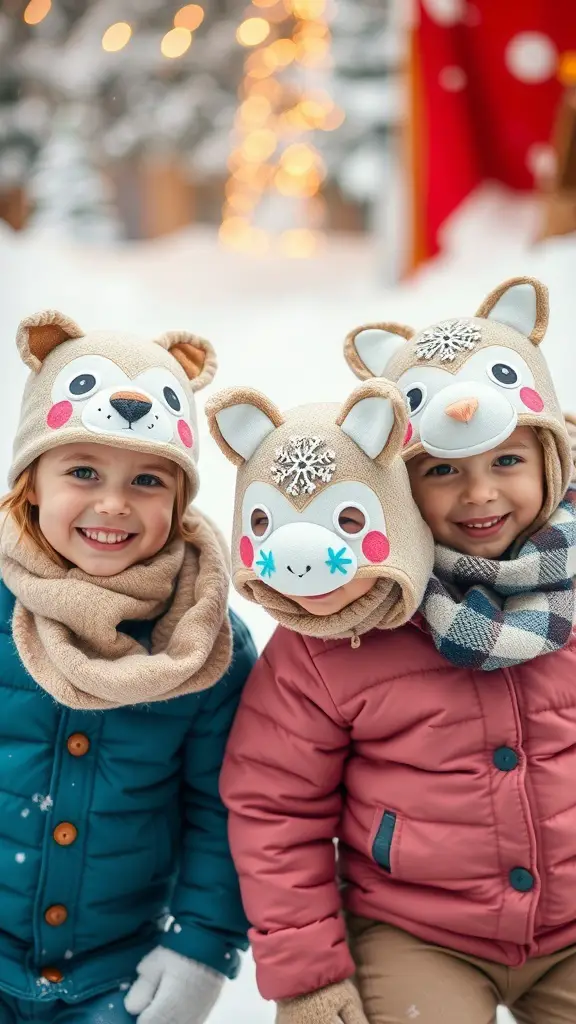 Two toddlers wearing animal masks in a snowy setting