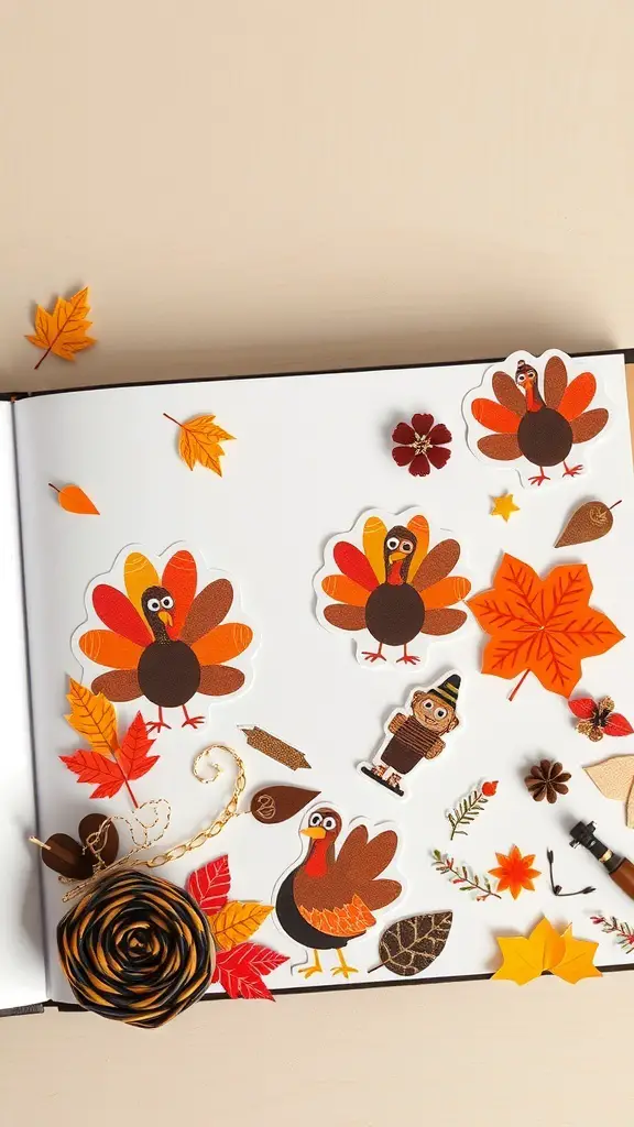 27+ Creative Turkey Crafts for Adults to Celebrate Thanksgiving 15 Colorful turkey stickers and autumn leaves on scrapbook pages