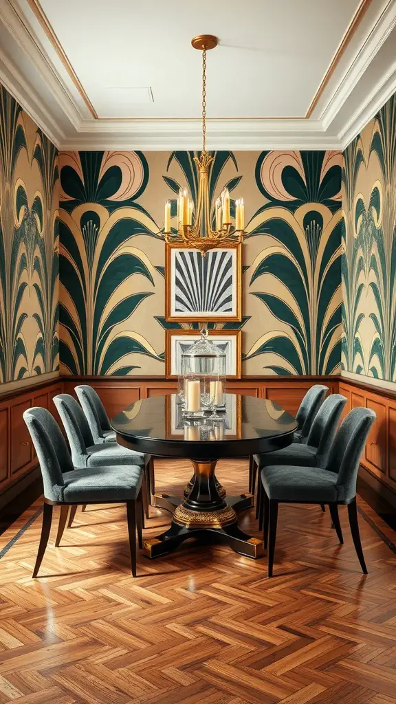 29+ Stunning Dining Room Wallpaper Ideas to Transform Your Space 12 A dining room featuring Art Deco inspired wallpaper with bold patterns in green and gold, complemented by a dark wood table and plush chairs.