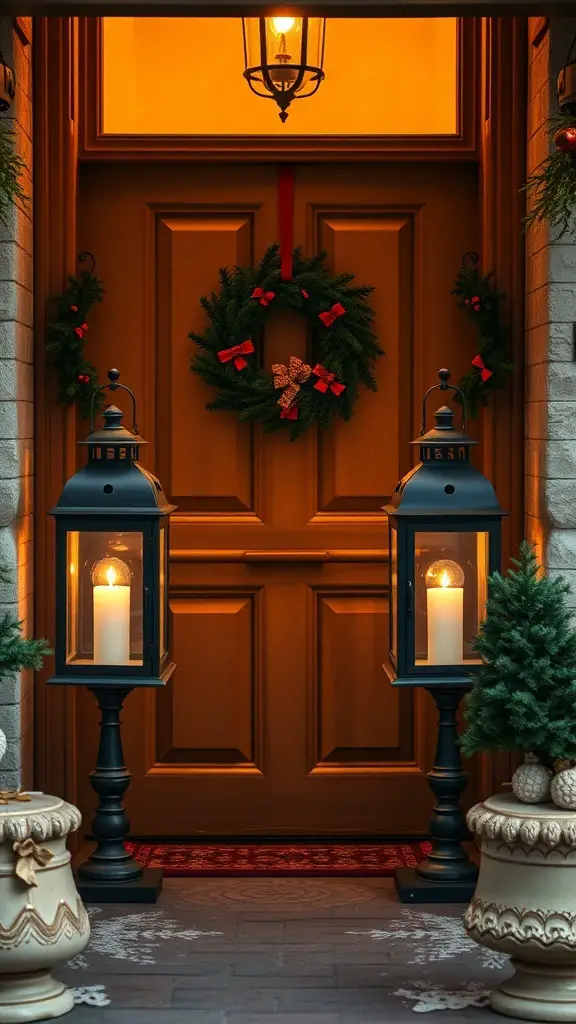 29+ Creative Christmas Doorway Decorations to Brighten Your Holiday Season 7 A festive doorway with two lanterns, a wreath, and holiday decorations.
