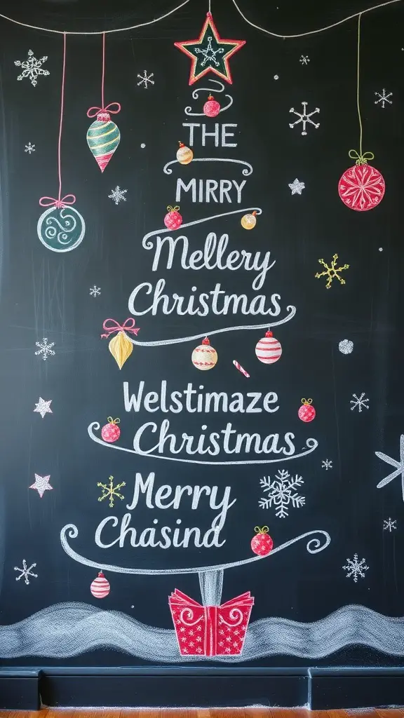 29+ Creative Wall Christmas Tree Ideas for a Festive Holiday Display 11 Chalkboard Christmas tree design with colorful ornaments and festive text