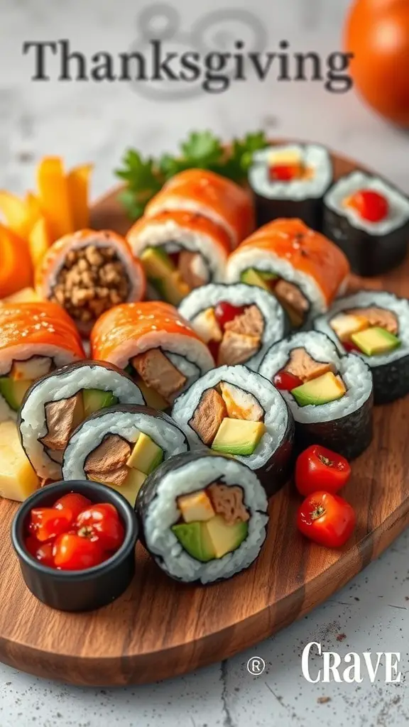 A beautifully arranged Thanksgiving sushi roll board featuring colorful sushi rolls with turkey, avocado, and cherry tomatoes.