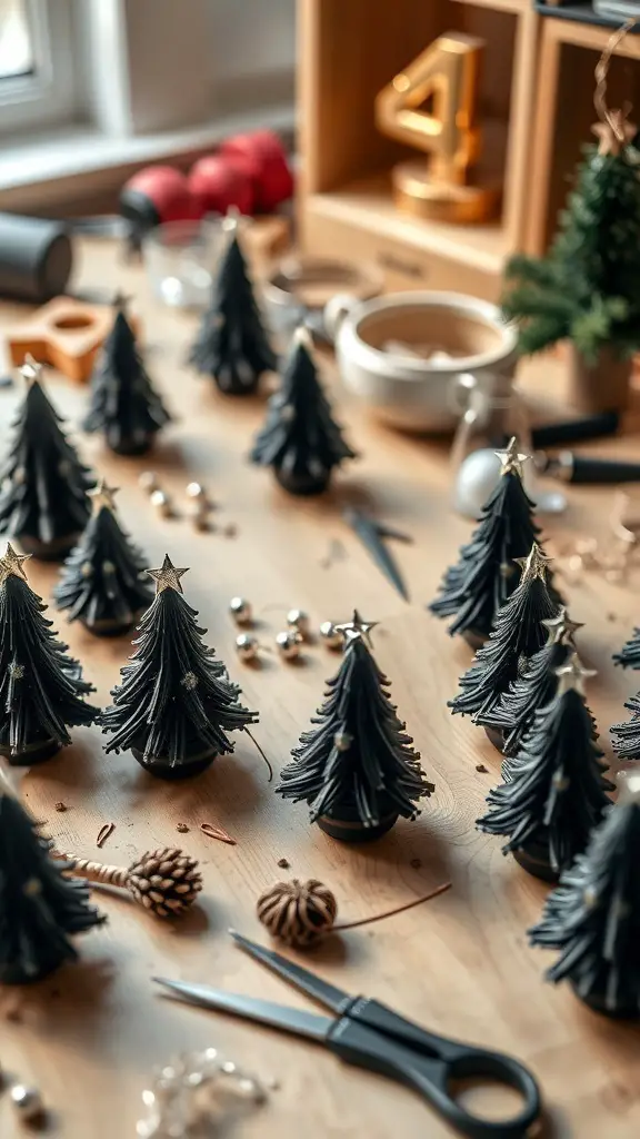 27+ Stunning Black Christmas Tree Ideas to Elevate Your Holiday Decor 4 A workspace filled with DIY black Christmas tree ornaments and crafting supplies.