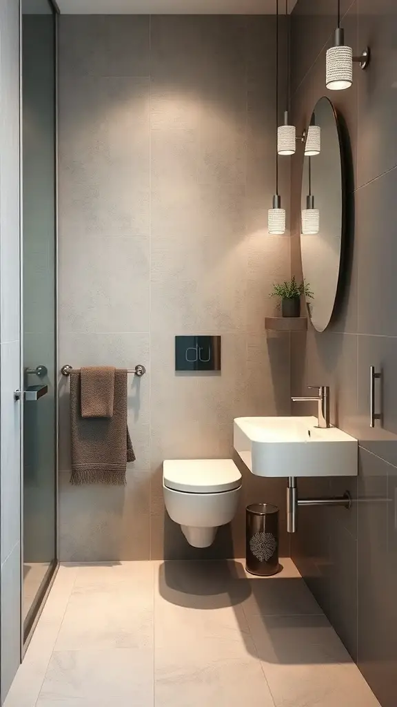 A modern bathroom featuring a wall-mounted trash can, sleek fixtures, and stylish decor.