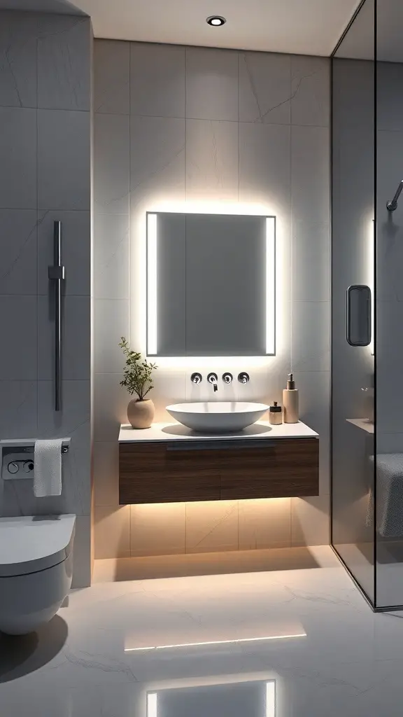 27+ Stunning Floating Vanity Ideas for Your Bathroom Renovation 3 A modern bathroom featuring a floating vanity with integrated lighting around the mirror.