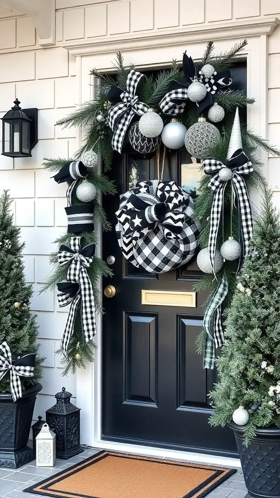 25+ Festive Christmas Swags Ideas for Your Front Door 16 Chic black and white Christmas swag on a front door with greenery, ornaments, and ribbons.