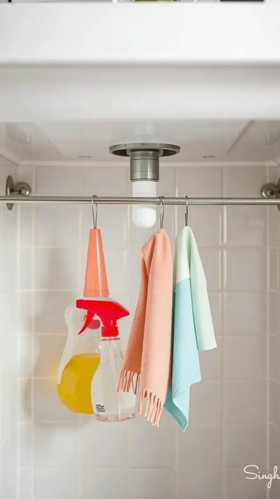 29+ Creative Bathroom Under Sink Organization Ideas You Need to Try 14 Tension rod under a sink holding cleaning supplies and towels