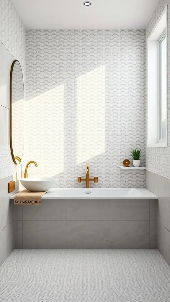 Modern bathroom with geometric patterned tiles and gold fixtures