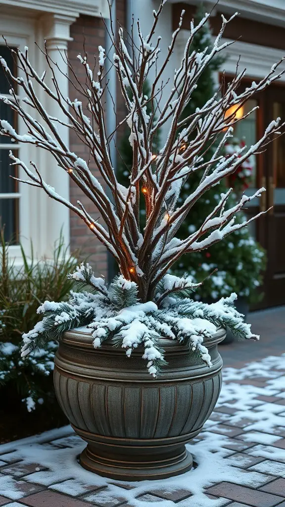 A winter planter with a bare tree and lights, surrounded by snow and greenery.