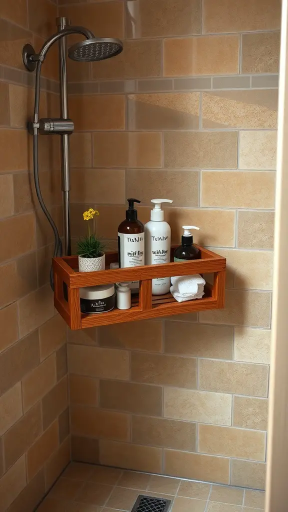Wooden shower caddy holding various bath products in a tiled shower