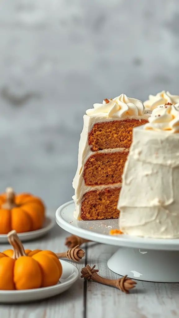 A slice of vanilla bean cake with pumpkin filling, decorated with frosting, alongside small pumpkins and cinnamon sticks.