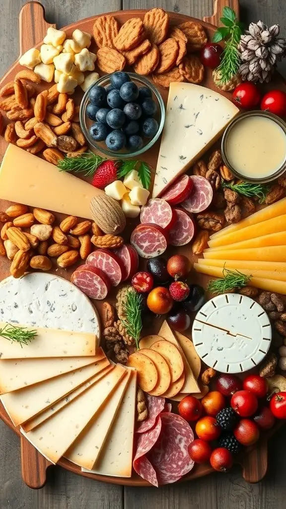 A beautifully arranged cheese and charcuterie board featuring various cheeses, meats, fruits, and nuts.