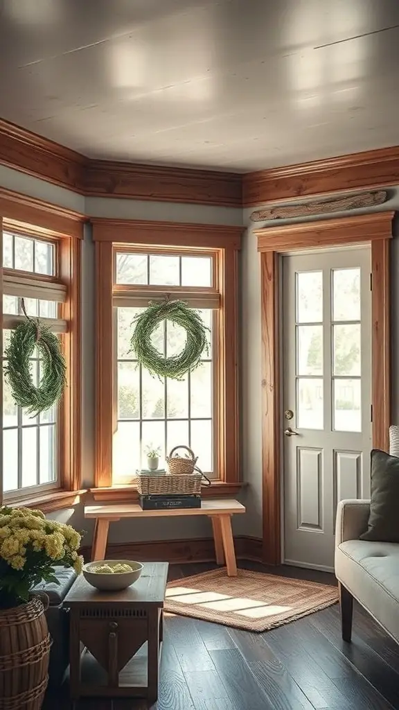 25+ Stylish Wall Trim Ideas to Enhance Your Home Decor 8 Interior view showcasing rustic barnwood accent trim around windows and door, with a cozy seating area.