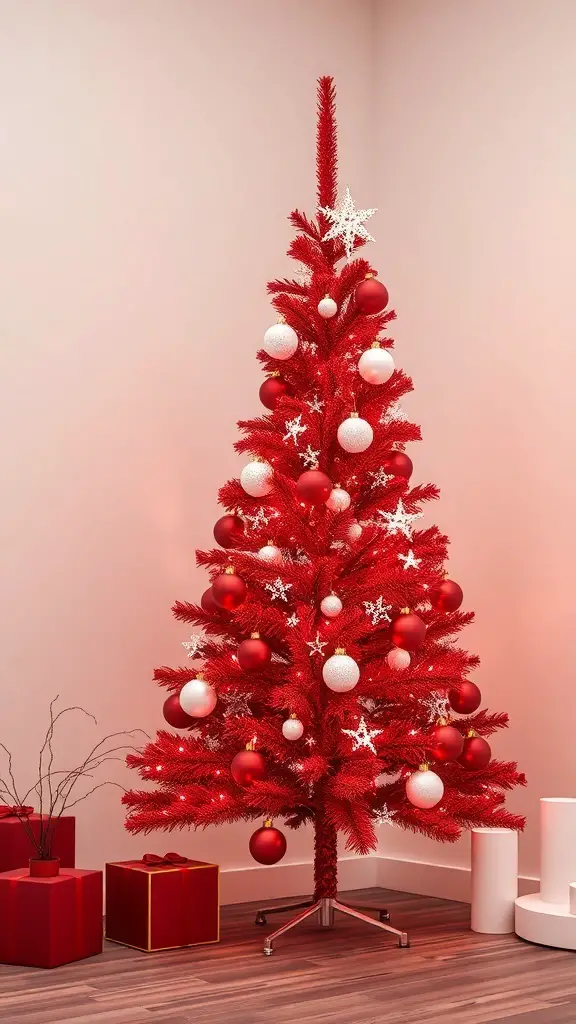 A modern minimalist red Christmas tree with red and white ornaments, set against a light-colored wall.