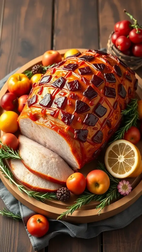 A beautifully glazed honey ham on a wooden platter, surrounded by fresh fruits and herbs.