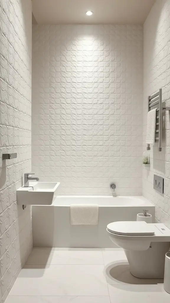 25+ Chic White Bathroom Ideas for a Timeless Look 9 A bathroom featuring textured white walls, a modern sink, and a clean toilet.